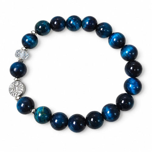 10 mm Blue Tiger’s Eye Bracelet with Czech Crystal and Silver-Tone Tree of Life Charm 10 mm Blue Tiger’s Eye Bracelet with Czech Crystal and Silver-Tone Tree of Life Charm