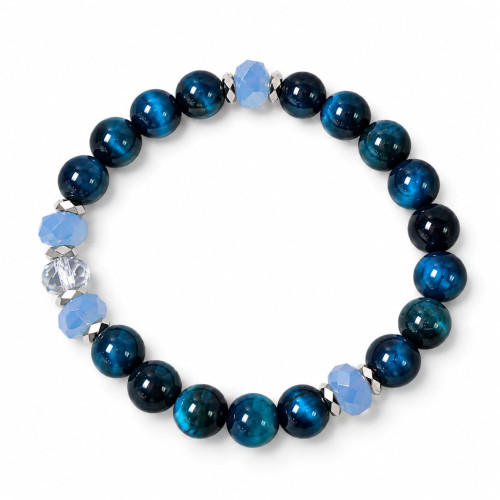 8 mm Blue Tiger’s Eye Bracelet with Czech Crystals and Silver-Tone Accents