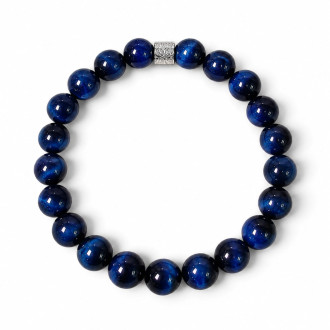 8 mm Dark Blue Tiger’s Eye Bracelet with Silver-Tone Stainless Steel Charm