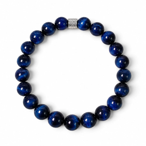 8 mm Dark Blue Tiger’s Eye Bracelet with Silver-Tone Stainless Steel Charm 8 mm Dark Blue Tiger’s Eye Bracelet with Silver-Tone Stainless Steel Charm