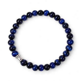 6 mm Dark Blue Tiger’s Eye Bracelet with Silver-Tone Stainless Steel Accent