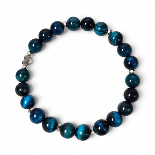 8 mm Blue Tiger’s Eye Bracelet with Silver-Tone Heart Charm 8 mm Blue Tiger’s Eye Bracelet with Silver-Tone Heart Charm