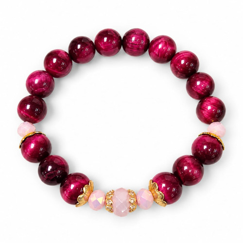 10 mm Pink Tiger’s Eye Bracelet with Czech Crystals and Gold-Tone Accents