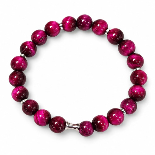 8 mm Pink Tiger’s Eye Bracelet with Silver-Tone Stainless Steel Charm