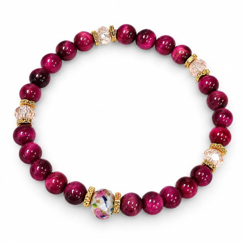 6 mm Pink Tiger’s Eye Bracelet with Murano-Style Crystal and Czech Crystals