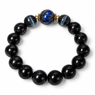 12 mm Black Obsidian Bracelet with Dark Grey Cat’s Eye and Murano-Style Crystal