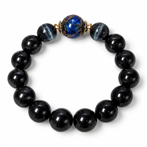 12 mm Black Obsidian Bracelet with Dark Grey Cat’s Eye and Murano-Style Crystal 12 mm Black Obsidian Bracelet with Dark Grey Cat’s Eye and Murano-Style Crystal