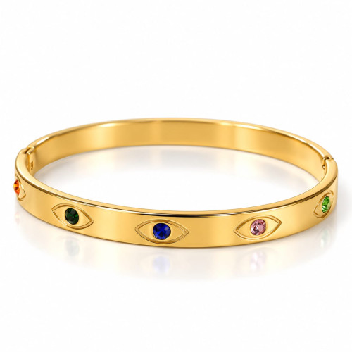 Gold Stainless Steel Multi-Colour Zirconia Eye Bangle