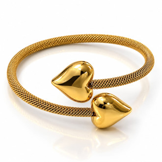 Gold Stainless Steel Double Heart Bangle – Textured Mesh Design