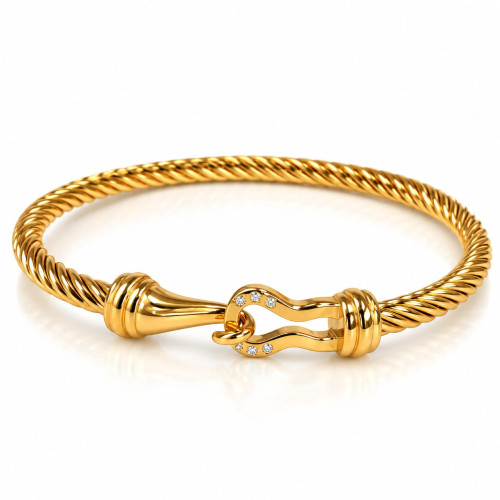 Gold Stainless Steel Twisted Bangle with Zirconia Hook Clasp
