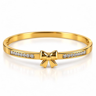 Gold Stainless Steel Bow Bangle with Zirconia – Elegant Ribbon Design