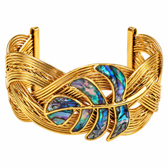Gold-Tone Stainless Steel Bangle with Abalone Shell Leaf – Adjustable