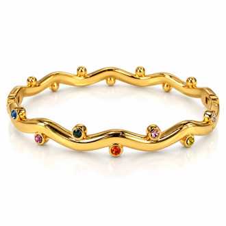 Gold-Tone Stainless Steel Wavy Bangle with Multi-Coloured Zirconia – Elegant Statement Bracelet