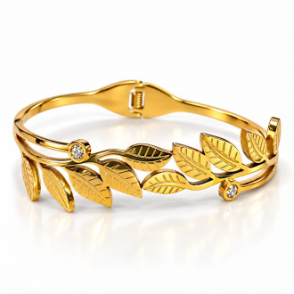Gold Stainless Steel Leaf Bangle with Zirconia Accents Gold Stainless Steel Leaf Bangle with Zirconia Accents