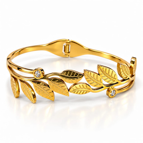 Gold Stainless Steel Leaf Bangle with Zirconia Accents Gold Stainless Steel Leaf Bangle with Zirconia Accents