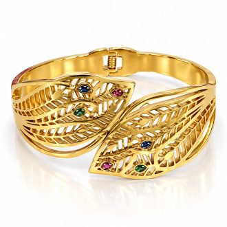 Gold Stainless Steel Double Leaf Bangle with Multi-Colour Zirconia Gold Stainless Steel Double Leaf Bangle with Multi-Colour Zirconia