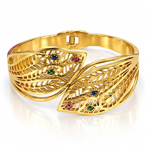 Gold Stainless Steel Double Leaf Bangle with Multi-Colour Zirconia