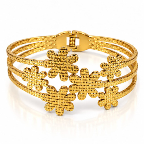 Gold Stainless Steel Floral Bangle – Textured Flower Design Gold Stainless Steel Floral Bangle – Textured Flower Design
