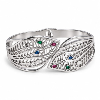 Silver-Tone Stainless Steel Leaf Bangle with Multi-Coloured Zirconia – Elegant Nature-Inspired Bracelet