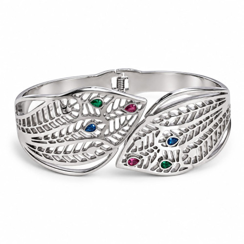 Silver-Tone Stainless Steel Leaf Bangle with Multi-Coloured Zirconia – Elegant Nature-Inspired Bracelet