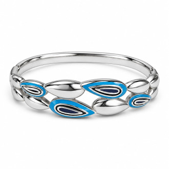 Silver-Tone Stainless Steel Bangle with Blue Enamel Teardrop Design – Elegant Statement Bracelet 