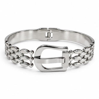 Silver-Tone Stainless Steel Belt Buckle Bangle – Elegant Woven Design