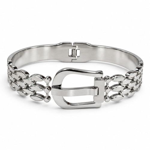 Silver-Tone Stainless Steel Belt Buckle Bangle – Elegant Woven Design Silver-Tone Stainless Steel Belt Buckle Bangle – Elegant Woven Design