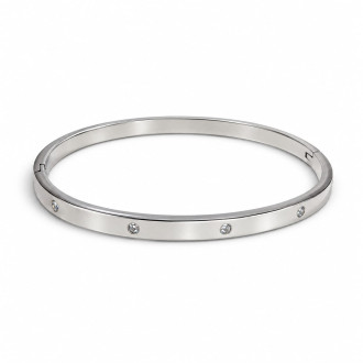 Silver-Tone Stainless Steel Bangle with Zirconia Accents – Minimalist Elegance