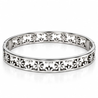 Silver-Tone Stainless Steel Floral Cutout Bangle – Elegant Flower Design
