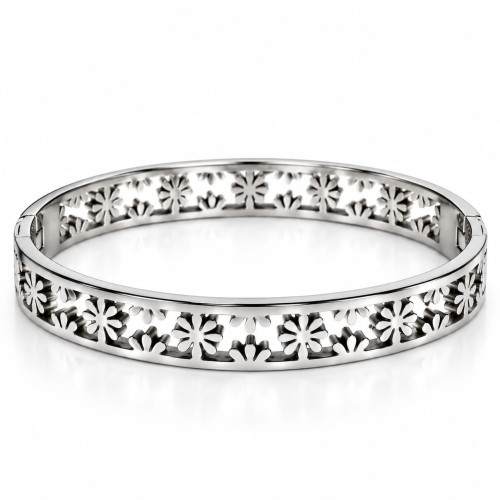 Silver-Tone Stainless Steel Floral Cutout Bangle – Elegant Flower Design Silver-Tone Stainless Steel Floral Cutout Bangle – Elegant Flower Design