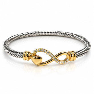 Mixed Metal Stainless Steel Infinity & Heart Twisted Bangle – Gold and Silver Tone