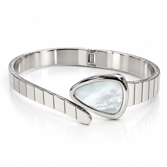 Silver-Tone Stainless Steel Bangle with White Mother-of-Pearl